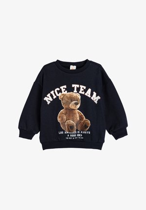 Mørkeblå sweatshirt med lange ærmer, prydet med et blødt teddy-bjørn grafik og tekst; ribbede manchetter og kant; blødt bomuldsmateriale.