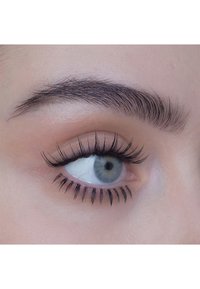 Primer plano de un ojo humano con largas pestañas oscuras, párpado de color marrón claro, ceja oscura arqueada y un iris azul con una pupila oscura.