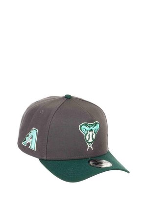 Gray cap with a green brim. Features a turquoise snake logo and an "A" accent on the side. Made of fabric with a structured shape.