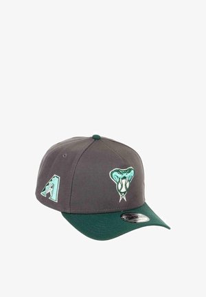 Gray cap with a green brim. Features a turquoise snake logo and an "A" accent on the side. Made of fabric with a structured shape.