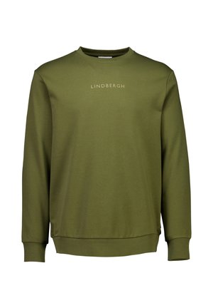 Sudadera verde oliva con cuello redondo, mangas largas y corte recto. En la parte frontal se muestra el texto "LINDBERGH" en blanco. Material suave.
