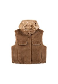 Faux-Fur-Weste in Braun mit einer glänzenden, beigefarbenen gepolsterten Kapuze. Verfügt über zwei Druckknopftaschen und eine weiche, strukturierte Oberfläche.