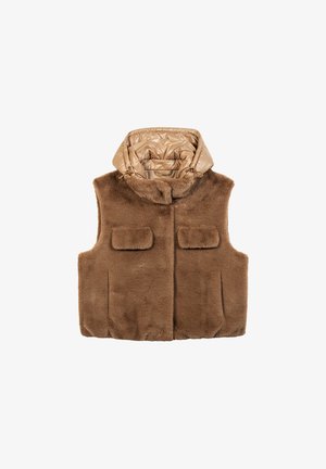 Faux-Fur-Weste in Braun mit einer glänzenden, beigefarbenen gepolsterten Kapuze. Verfügt über zwei Druckknopftaschen und eine weiche, strukturierte Oberfläche.