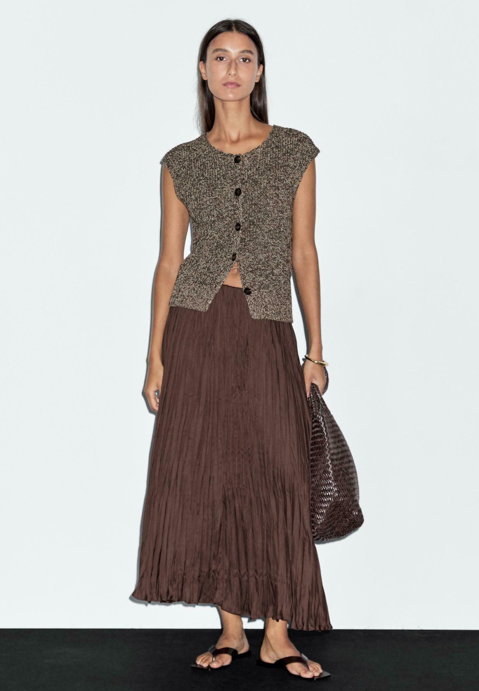 Massimo Dutti LONG FLOWING - Pleated skirt - dark brown