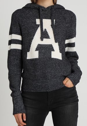 Personne portant un sweat à capuche en tricot gris foncé avec des rayures blanches sur les manches et une grande lettre blanche "A" sur le devant, assorti à un pantalon noir.