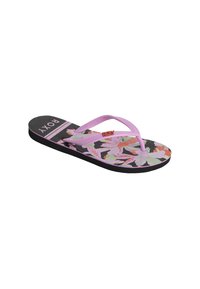 Roxy flip-flop med en rosa rem, blommönster på en svart fotdel och en texturerad sula för grepp.