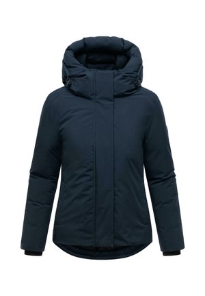 Marineblaue Daunenjacke mit hohem, gepolstertem Kragen, durchgehendem Reißverschluss und elastischen Bündchen. Sie hat einen leicht gewölbten Saum und keine sichtbaren Beschläge.