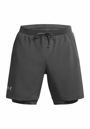 Dark gray athletic shorts with an elastic waistband, adjustable drawstring, and inner mesh lining; features subtle branding on the left leg.