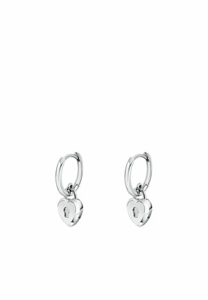 Orecchini a cerchio argento con un charm a forma di cuore con design a lucchetto. Texture liscia con una finitura lucida, che mette in risalto uno stile minimalista.