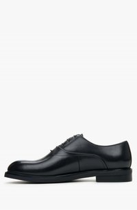 Czarne skórzane buty eleganckie z okrągłym noskiem, gładką powierzchnią, sznurowanym designem i niską, płaską podeszwą. Zawierają subtelne akcenty w postaci przeszyć.