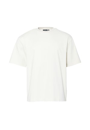 Kurzarm-T-Shirt in Off-White, aus weicher Baumwolle. Mit Rundhalsausschnitt und lockerer Passform, minimaler Nahtdetails am Halsauschnitt.
