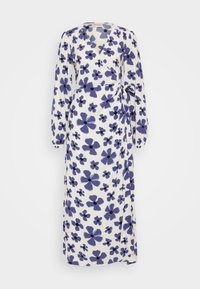 Robe maxi en tissu léger, avec un fond blanc et un motif floral violet, décolleté en V, manches longues et un détail de taille à nouer.