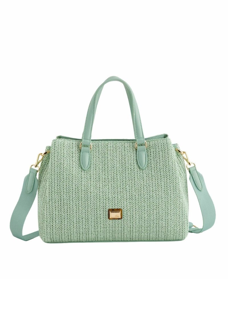 Sac à main tissé vert menthe avec doubles poignées, bandoulière ajustable et une petite plaque logo dorée à l'avant.