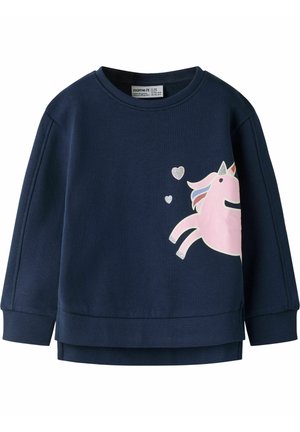 Børns marineblå sweatshirt med lyserød enhjørning og sølvhjerter på fronten, ribbet manchetter og kant.