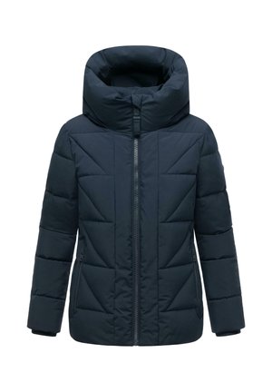 Navy blue puffer jacket with a high collar, zip closure, and diagonal quilted pattern; features two side pockets and a smooth texture.