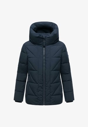 Giacca imbottita blu navy con colletto alto, chiusura con zip e motivo a rombi diagonali; presenta due tasche laterali e una texture liscia.