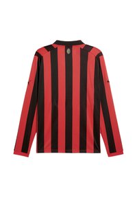 Langarmshirt met verticale rode en zwarte strepen, voorzien van een zwarte kraag en een subtiele logo-detail op de achterkant van de nek.