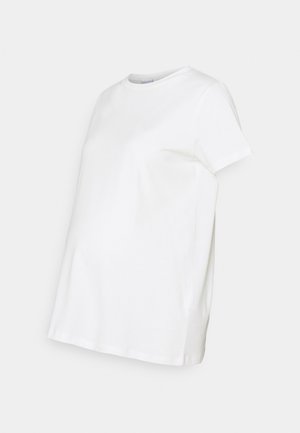 Prosty biały T-shirt ciążowy z krótkim rękawem, z okrągłym dekoltem i dodatkową tkaniną w okolicy brzucha dla większego komfortu.