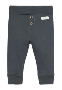 Ciemnoszare legginsy z mieszanki bawełny z prążkowanym pasem w talii, dwoma drewnianymi guzikami z przodu oraz dopasowanymi mankietami. Obecne są subtelne detale przeszycia.