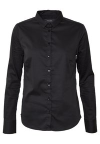 Svart skjortknapp med krage, långa ärmar, slät textur och framplacket med matchande knappar.