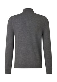 Graues Langarmkleidungsstück mit Kragen, mit glatter Textur und einfachem Design. Die Rückseite zeigt keine sichtbaren Muster oder Details.