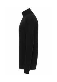 Schwarzer Langarmpullover mit hohem Kragen und Reißverschluss, seitlich gezeigt mit geripptem Kragen und Bündchen.