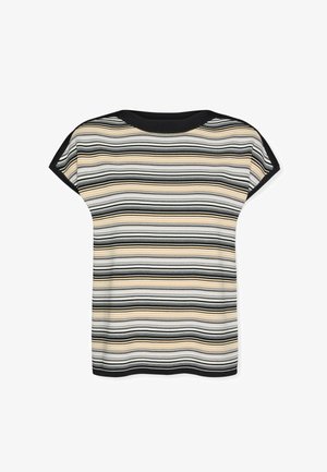 Kortærmet top med striber i creme, sort og beige. Har rund halsudskæring og en behagelig, løs pasform med blød tekstur.