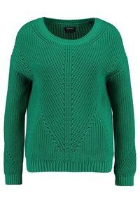 Maglione verde lavorato a maglia con ampio scollo rotondo, motivo testurizzato, maniche lunghe e orlo a coste. Presenta accenti di cuciture diagonali e una vestibilità morbida.