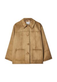 Pruun nubukist jakk, millel on kraega kaelus, esine nupuvajutusega kinnitamine, kaks suurt taskut ning dekoratiivne õmblus õlavarrel ja taskutel.