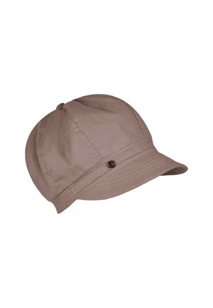 Cappello in cotone marrone con corona tondeggiante, visiera corta e un bottone decorativo sul lato. Presenta una texture liscia e un design casual.