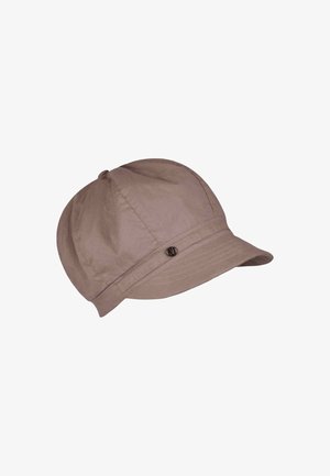 Brązowa bawełniana czapka z zaokrąglonym wierzchem, krótkim daszkiem i dekoracyjnym guzikiem z boku. Charakteryzuje się gładką teksturą i swobodnym stylem.