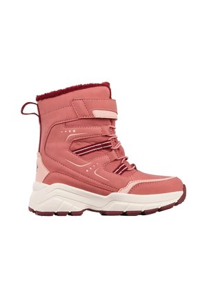 Pink winter boot with plush lining, hook-and-loop strap, thick white sole, and red accents on laces and tread.