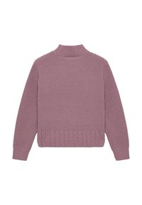 Pull en maille dans un lavande clair avec un col montant, des manches longues et un motif en relief de tricot torsadé à l'ourlet. Texture de trame grossière.