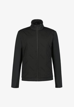 Musta vetoketjullinen takki, jossa korkea kaulus, teksturoitu kuvio, pitkät hihat ja kevyt, monikäyttöinen kangas.