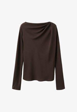 Top met lange mouwen in donkerbruin materiaal met een gedrapeerde halslijn, een losse pasvorm en een gladde textuur. Eenvoudig ontwerp zonder zichtbare sluitingen.
