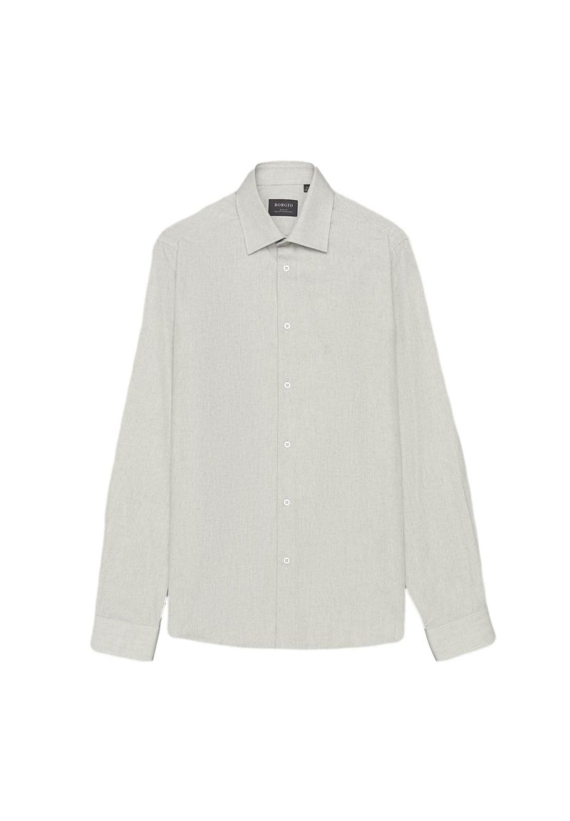 Jasnoszara, długosleeve'owa koszula wykonana z tkaniny tkanej. Posiada klasyczny kołnierzyk, zapinanie na guziki z przodu oraz subtelne logo na klatce piersiowej.