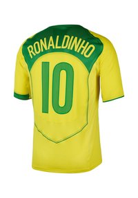 Yellow soccer jersey with green accents, featuring "RONALDINHO" and number "10" printed in large green text on the back. Mesh texture.