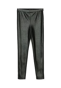 Leggings neri in ecopelle con una texture liscia, vestibilità aderente e vita elasticizzata. Dettagli di cucitura laterale lungo le gambe.