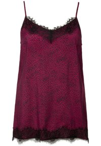 Camisole in satin magenta con macchie nere, caratterizzata da un bordo in pizzo nero ondulato sul collo e sull'orlo, con spalline sottili regolabili.