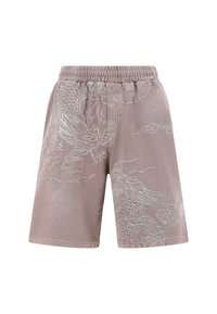 Hellbraune Shorts mit elastischem Bund, verziert mit weißer Drachenstickerei und Wolkenmustern, aus einem weichen Stoff mit glatter Textur.