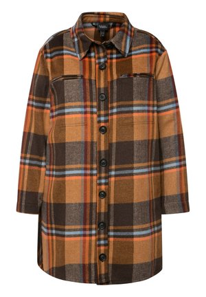 Kariertes Hemdjacke aus dickem Stoff in Braun, Orange und Blau. Verfügt über eine Knopfleiste, einen Kragen und zwei Brusttaschen.