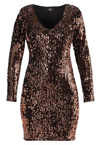 Svart paljettklänning med långa ärmar och djup V-ringning. Paljetterna har en roséguldfärg, vilket skapar en skimrande effekt över tyget.