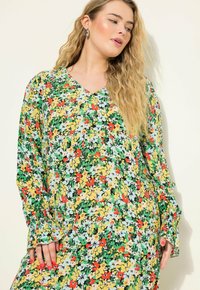Robe fleurie avec un décolleté en V, des manches longues avec des poignets à volants, dans des motifs multicolores de fleurs vertes, jaunes, rouges et bleues.