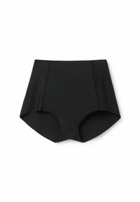 Hochgeschnittene schwarze Bikinihosen aus glattem Stoff, mit sauberen Kanten und einem schlichten Design. Keine Muster oder zusätzlichen Details.