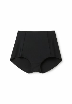 Vysoké černé bikiny vyrobené z hladké tkaniny, s čistými okraji a jednoduchým designem. Bez vzorů nebo dalších detailů.