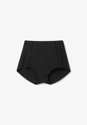 Hochgeschnittene schwarze Bikinihosen aus glattem Stoff, mit sauberen Kanten und einem schlichten Design. Keine Muster oder zusätzlichen Details.