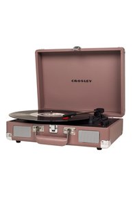 Portable pink vinyl record player with a retro design, metal accents, and integrated speakers. Lid partially open, displaying a black record.
