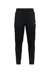 Pantalon de sport noir en tissu respirant, doté d'une taille élastique et d'une coupe ajustée. Logo imprimé sur le côté. Pas de poches.