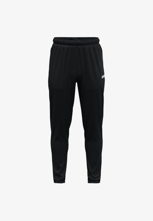 Schwarze Sporthose aus atmungsaktivem Material, mit einem elastischen Bund und einer schlanken Passform. Logo seitlich aufgedruckt. Ohne Taschen.