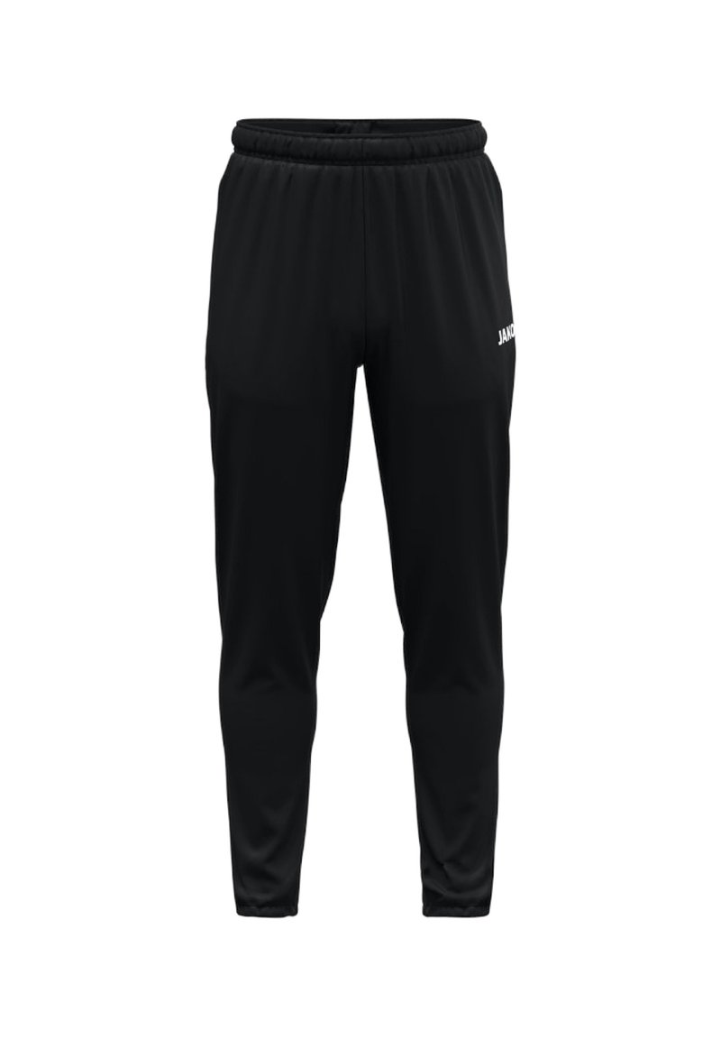 Pantalon de sport noir en tissu respirant, doté d'une taille élastique et d'une coupe ajustée. Logo imprimé sur le côté. Pas de poches.